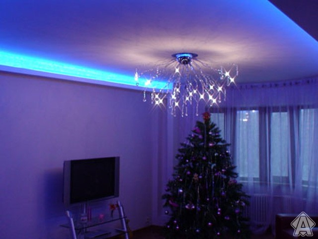 неон в интерьере, подсветка потолка