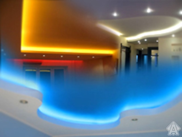 неон в интерьере, подсветка потолка