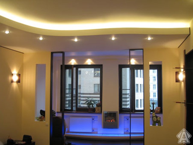 неон в интерьере, подсветка потолка